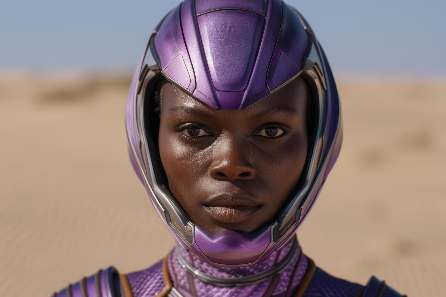 close up portrait of person wearing purple futuristic helmet photo