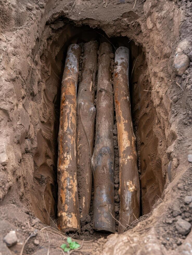 Rusty pipes buried in the ground photo