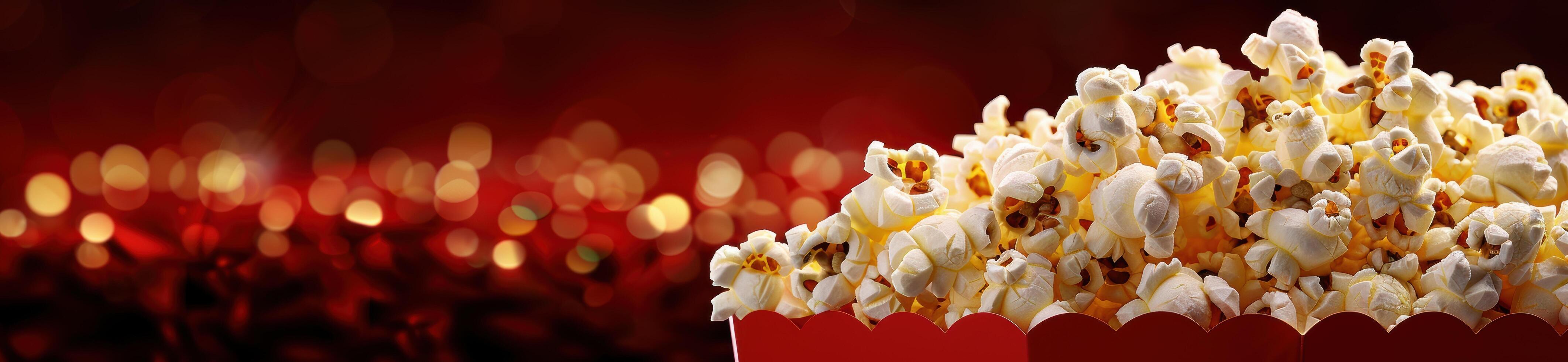 Delicious popcorn in a red box against a festive background photo