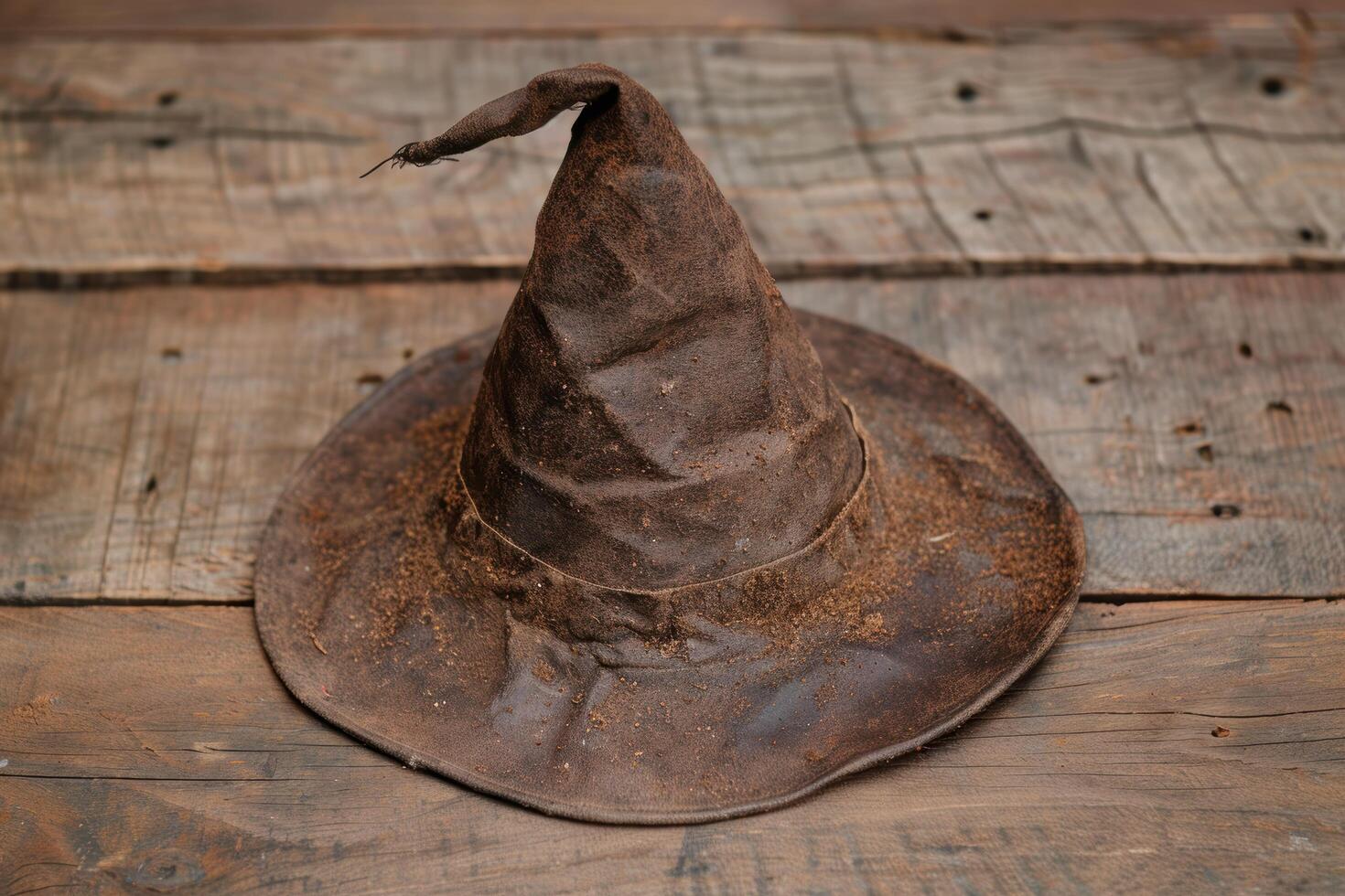 old witch hat on wooden background photo