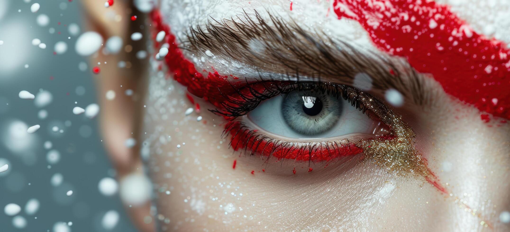 Closeup of a winter eye with red makeup and snowflakes photo
