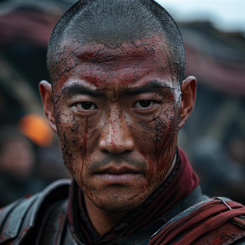 Intense warrior with face paint and scars photo