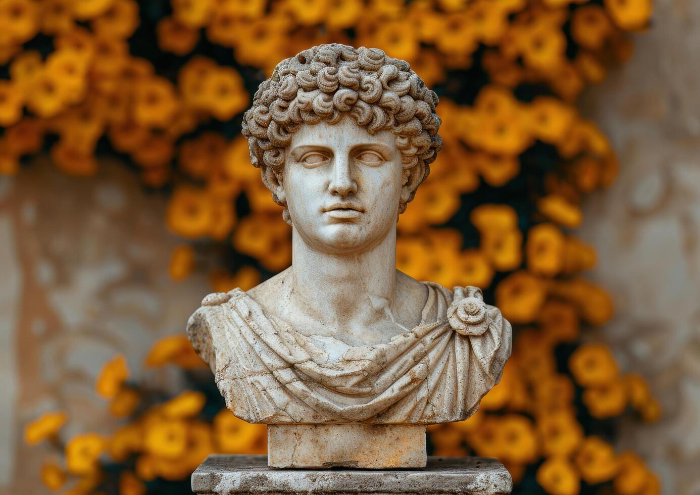 ancient marble bust statue in garden setting photo