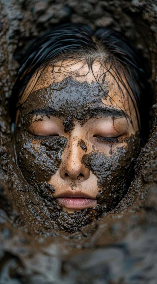 Closeup of a persons face covered in mud photo