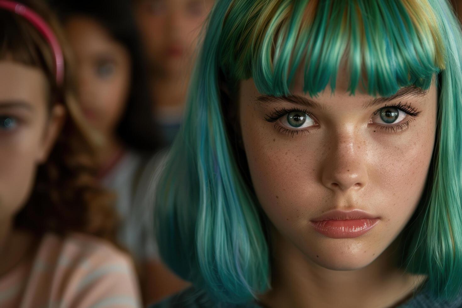 Vibrant green haired woman with intense gaze photo