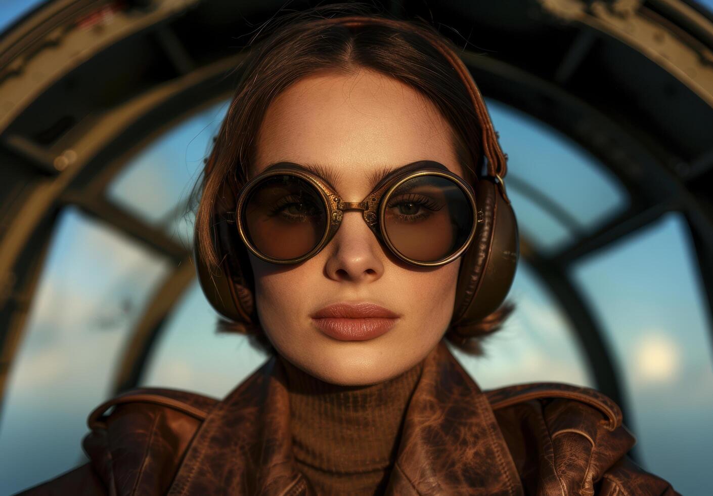 Stylish woman wearing round sunglasses in vintage aircraft photo