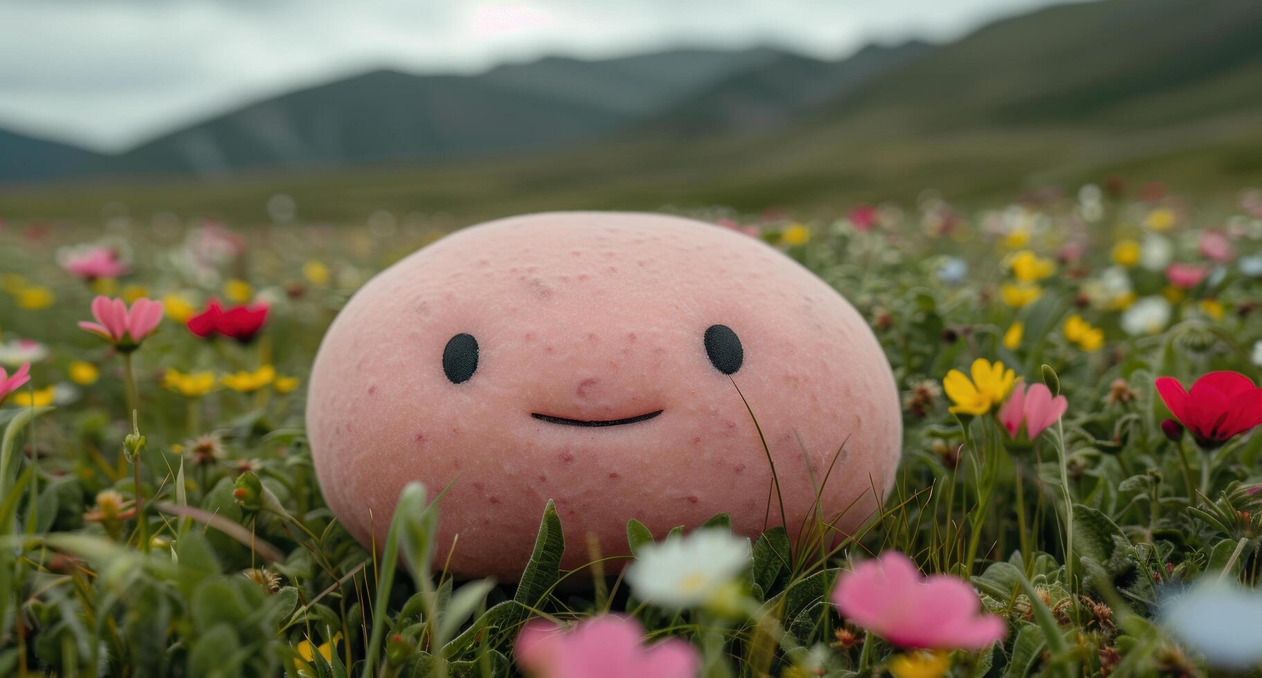 Smiling potato in a field of colorful flowers photo