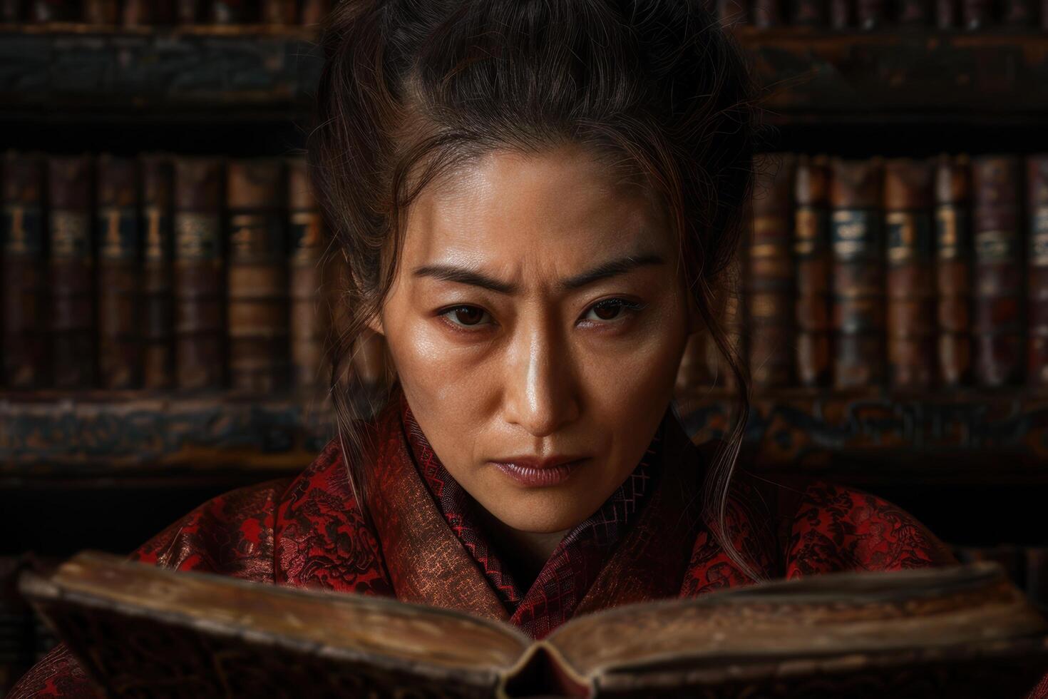 asian woman reading ancient book in library photo