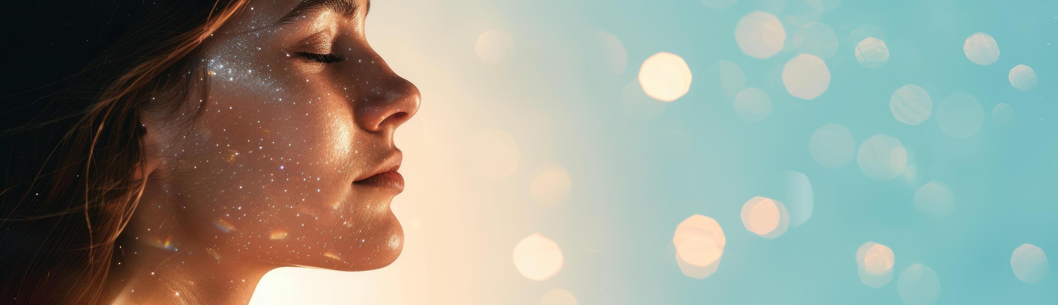 serene woman with glowing skin and sparkling face photo