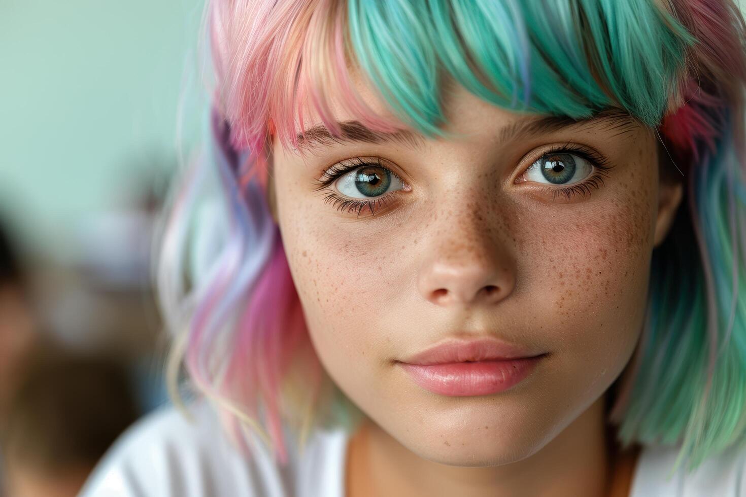 Colorful hair and freckled face of a young person photo
