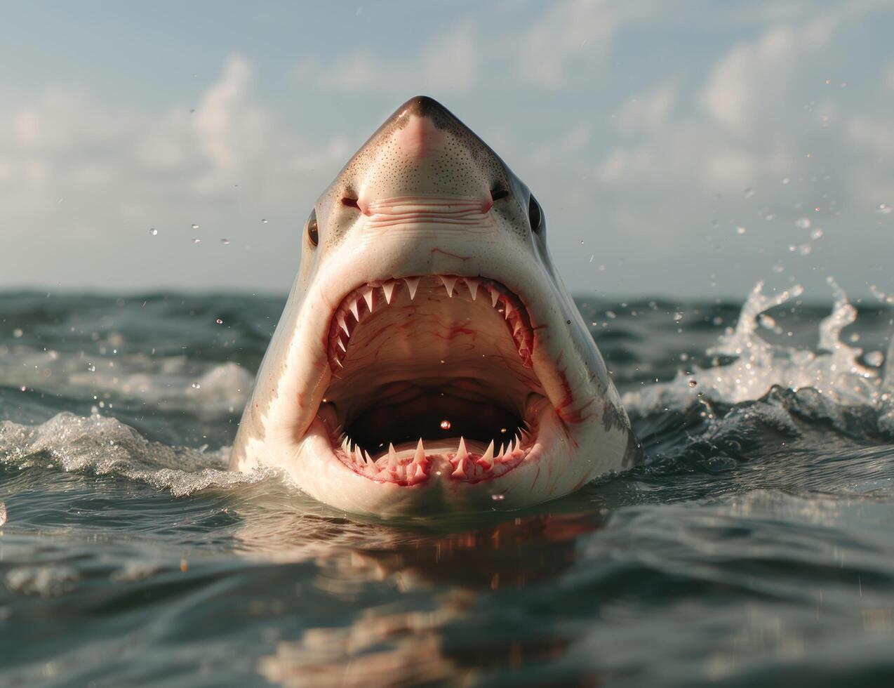 Fearsome shark with open mouth emerging from ocean photo