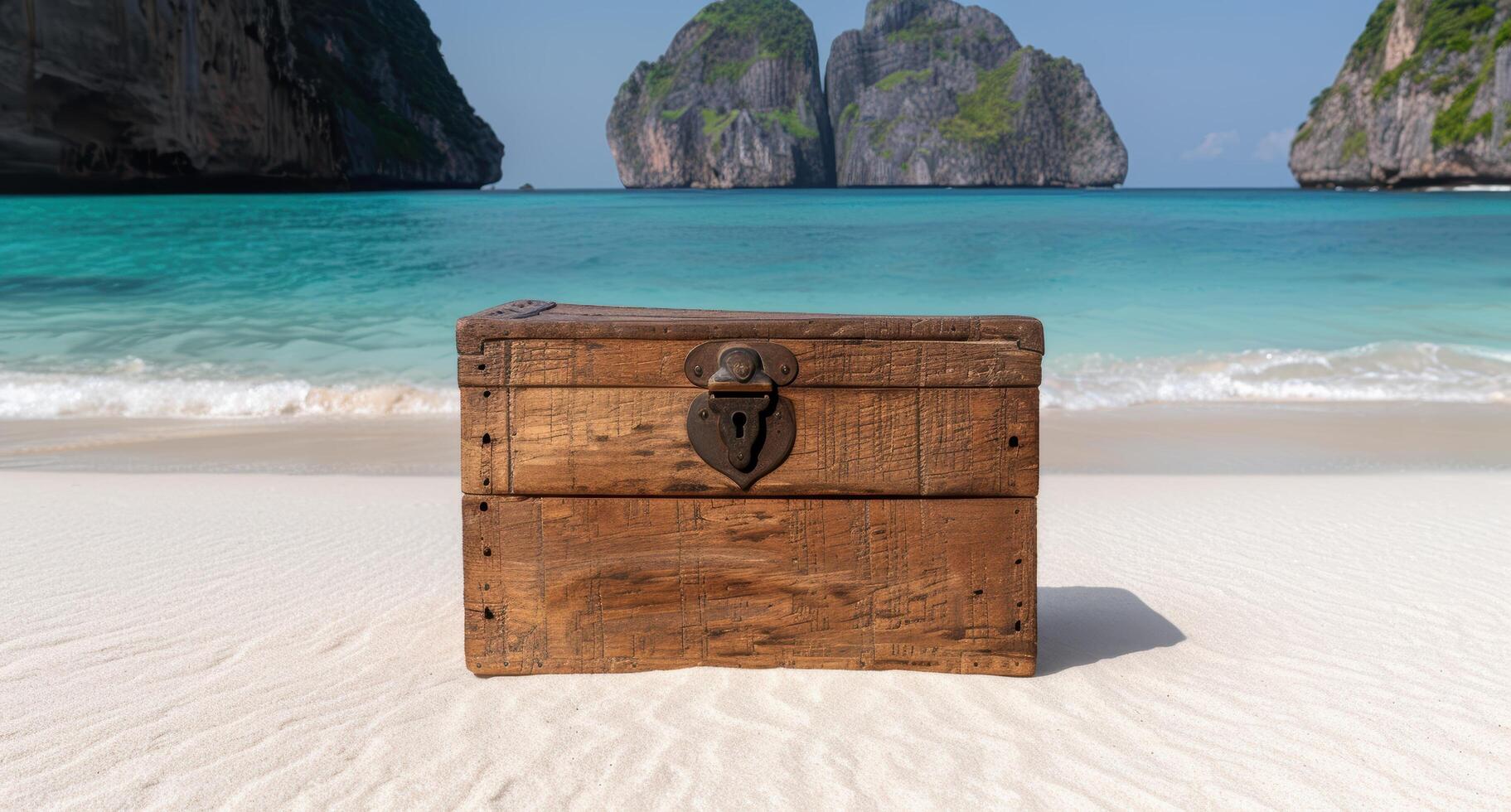 Wooden treasure chest on tropical beach with turquoise water and rocky cliffs photo