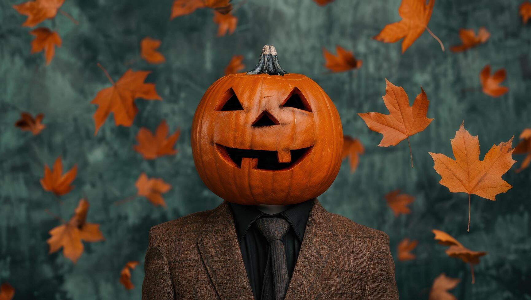 Pumpkin head in autumn leaves photo