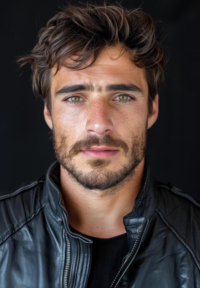 Rugged man with piercing green eyes and messy brown hair photo