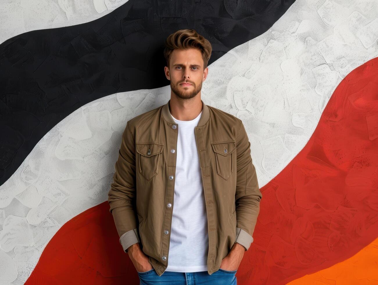 young man in casual outfit standing in front of abstract wall photo