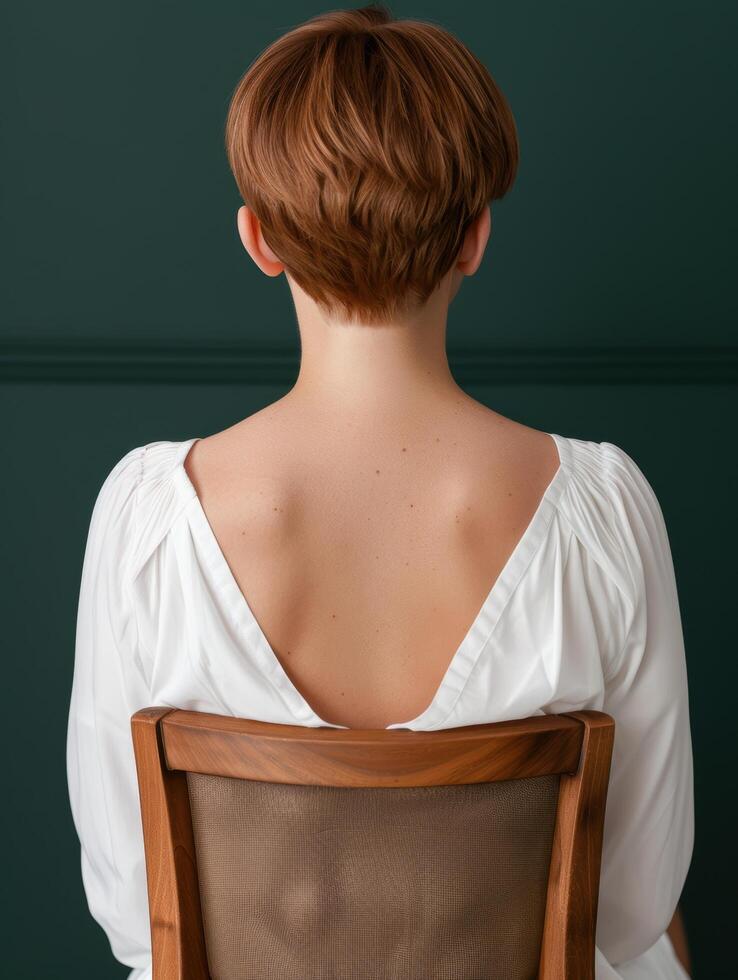 woman with short brown hair sitting on chair photo