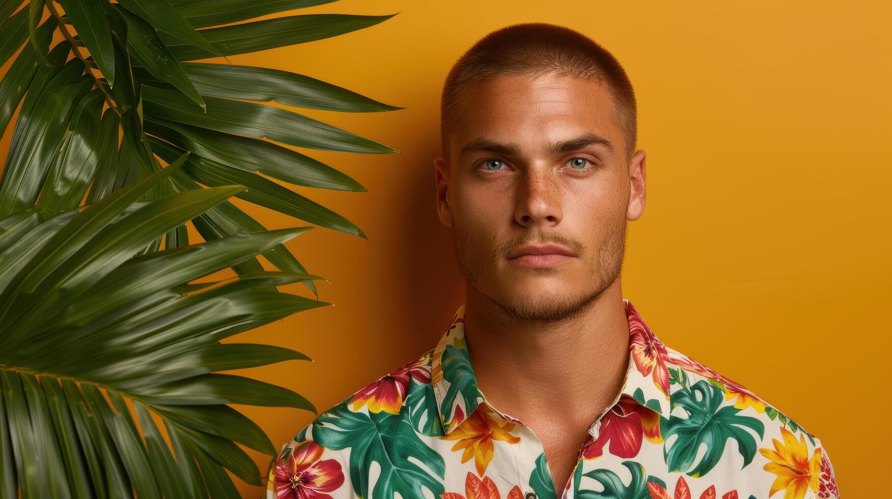 handsome man in tropical floral shirt photo