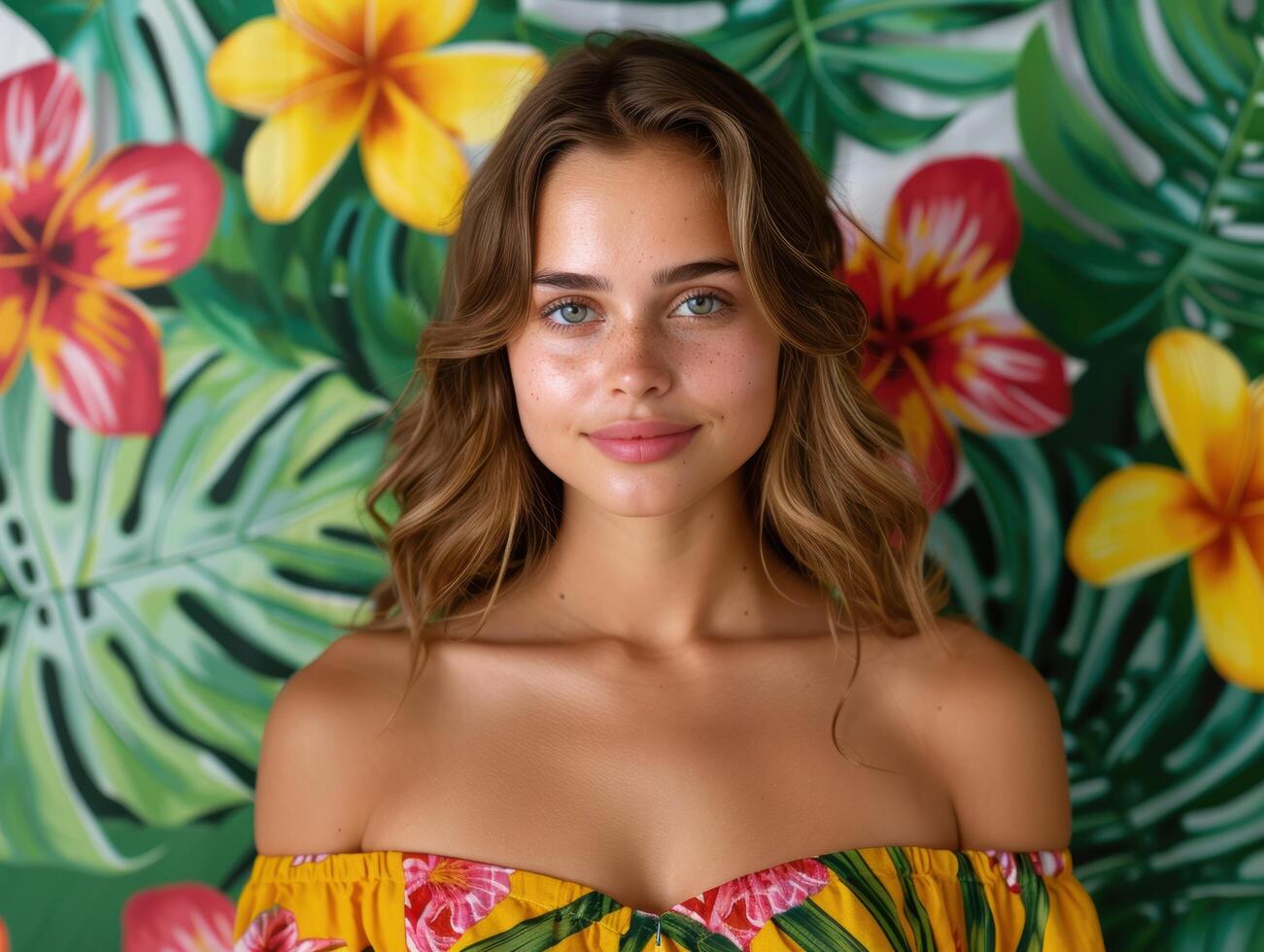 beautiful woman in tropical floral dress photo
