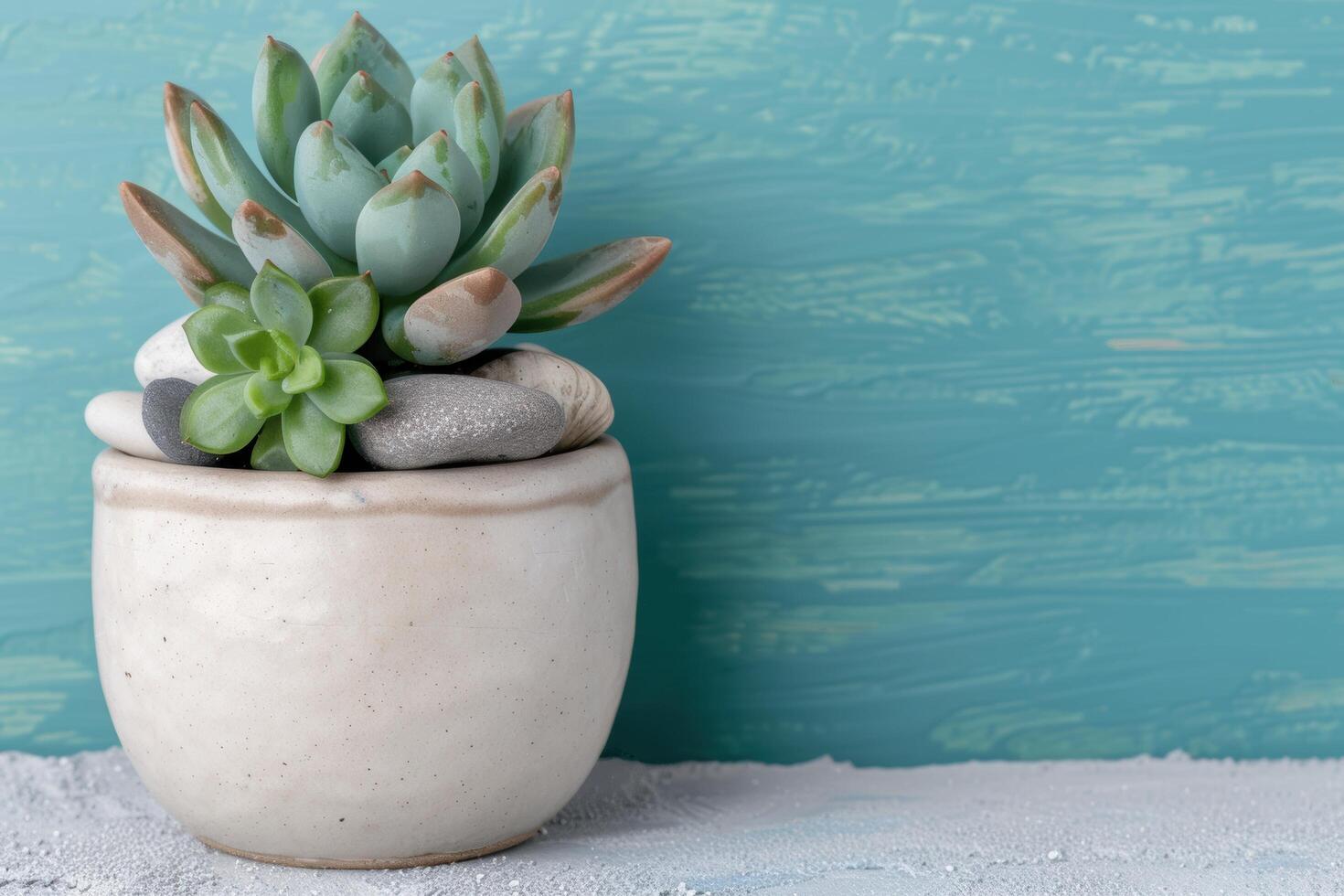 Succulent plant in ceramic pot on blue background photo