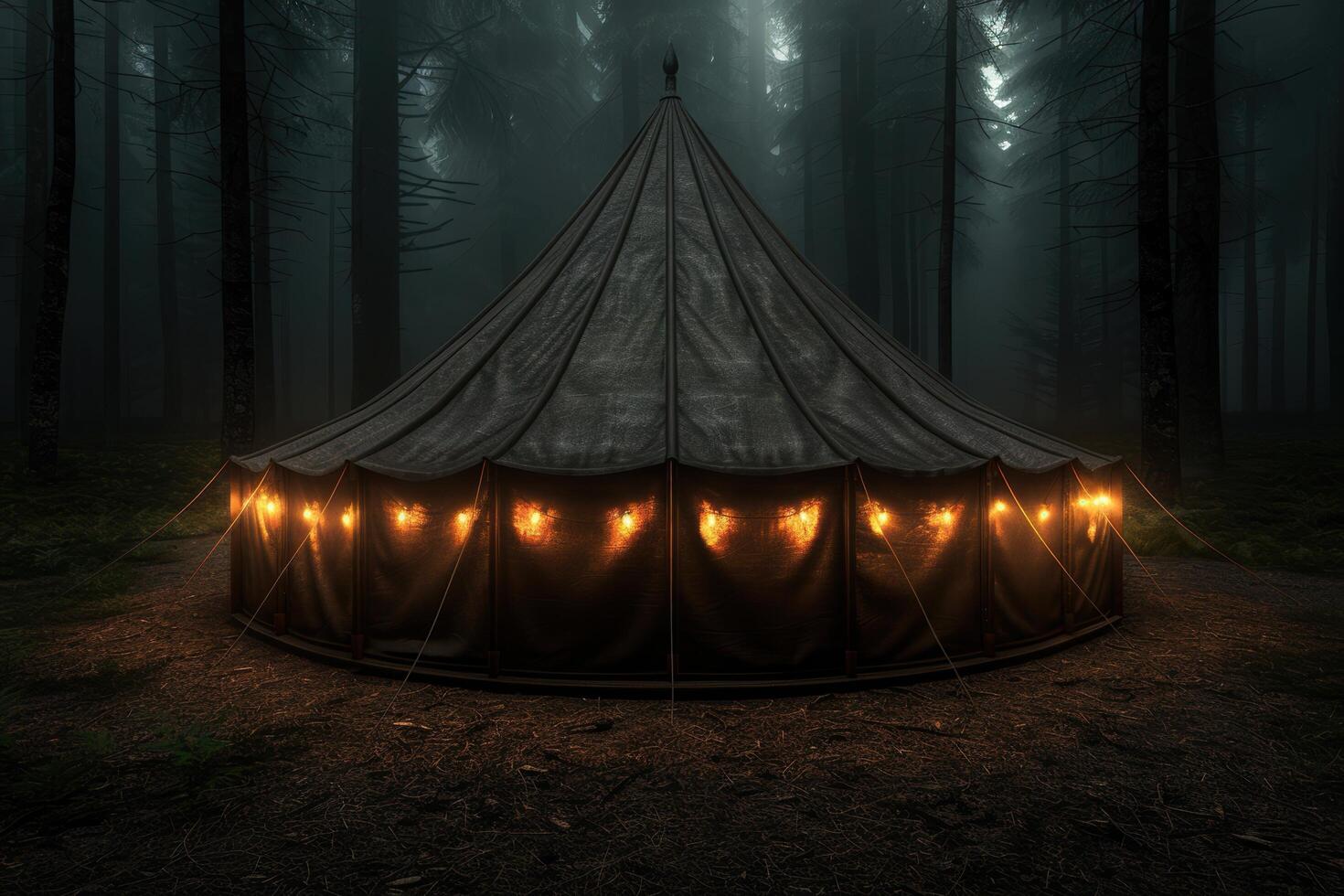 Mysterious glowing tent in dark forest photo