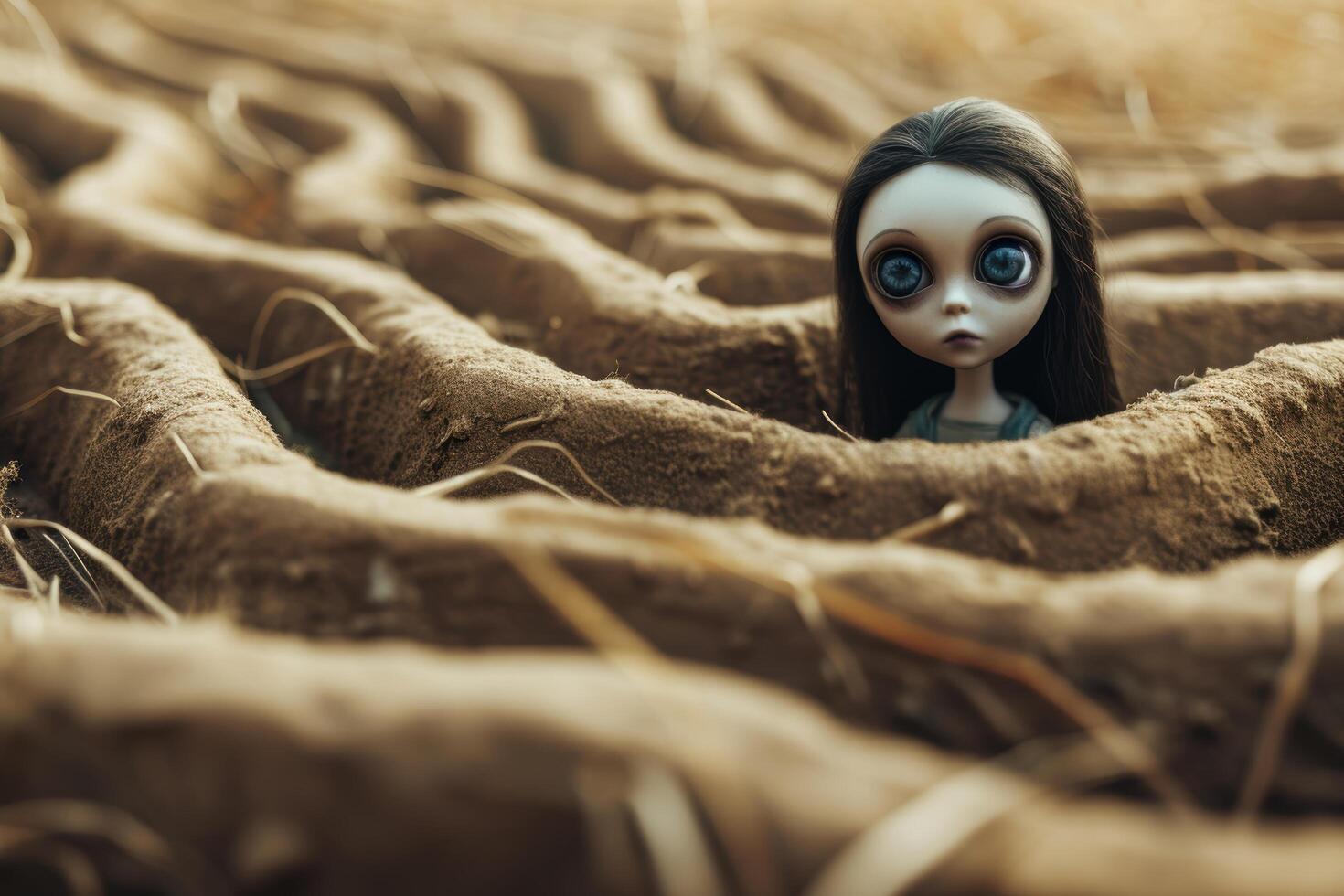 Creepy doll in a field of hay photo