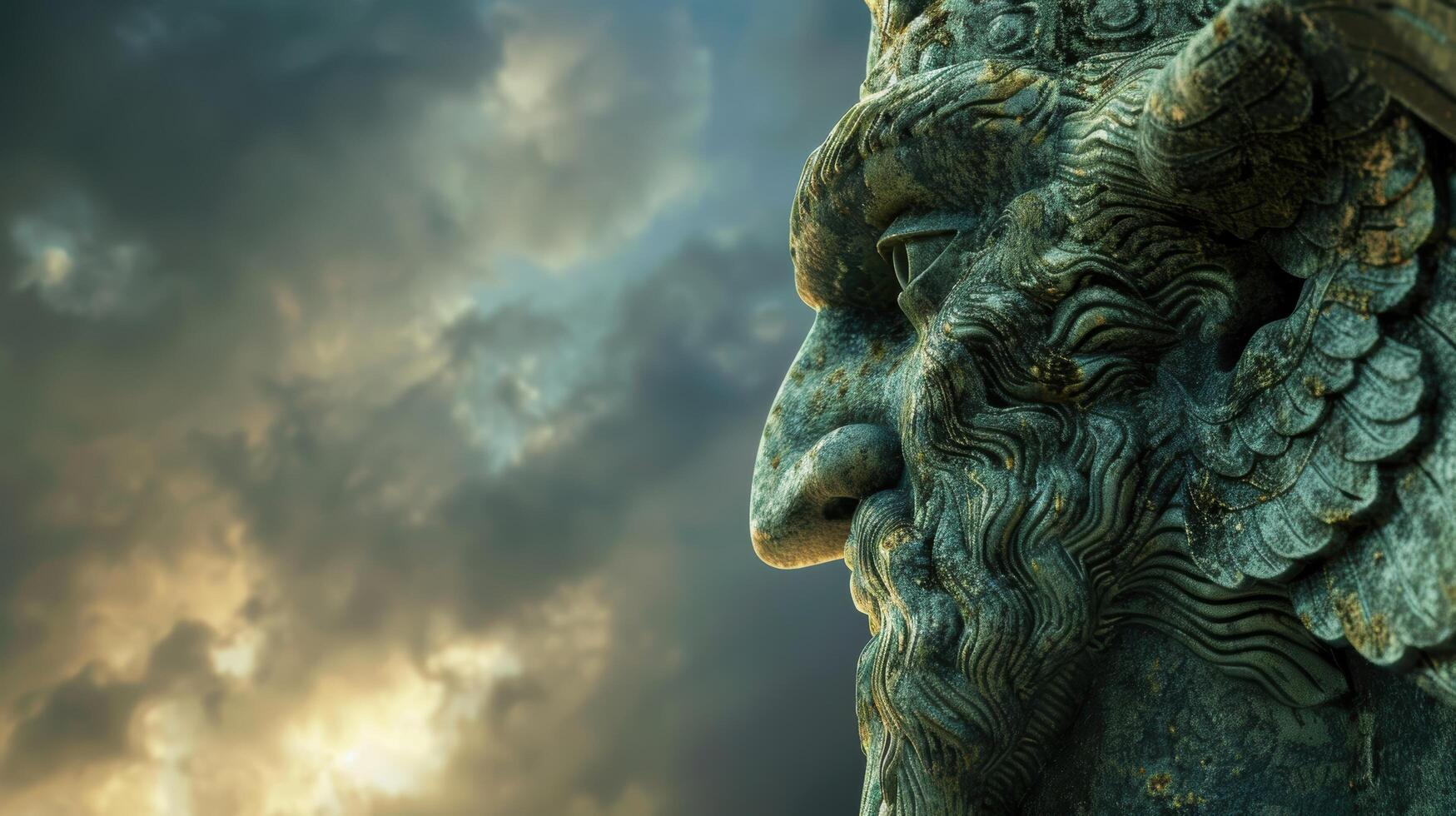 Dramatic ancient stone sculpture against stormy sky photo