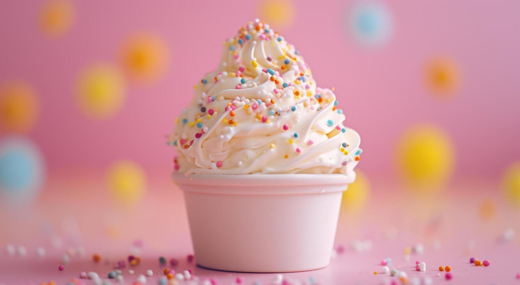 Colorful sprinkled ice cream cone on pink background photo