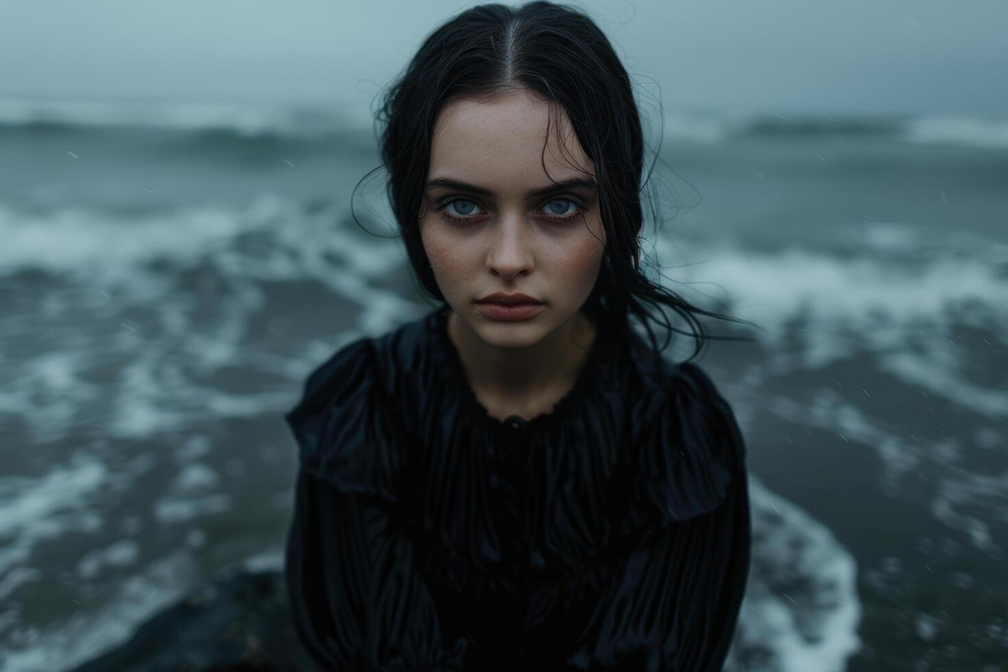 Mysterious woman in dark clothing standing in front of a stormy ocean photo