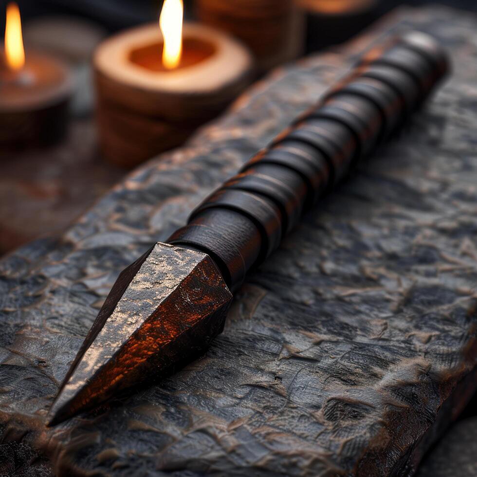 Mystical dagger on dark wooden surface with candle photo