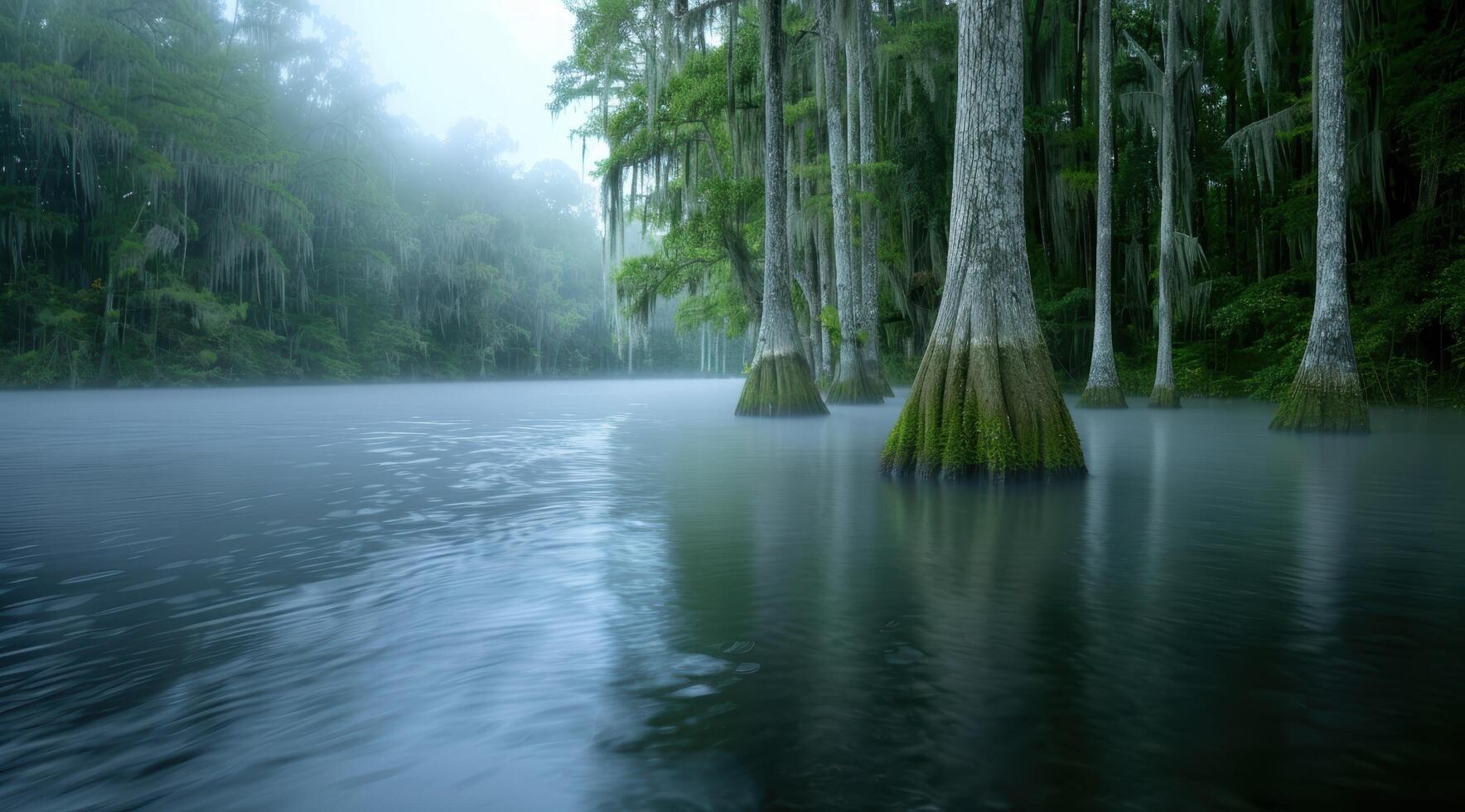 Serene swamp landscape with moss covered cypress trees and still waters photo