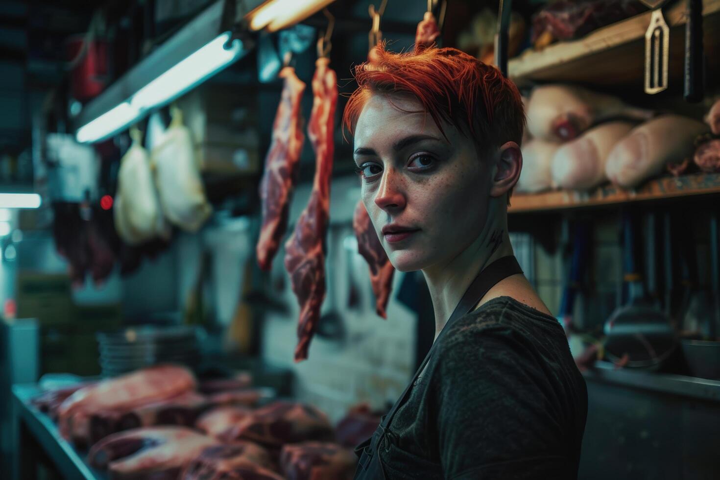 Redheaded woman in a butchers shop photo