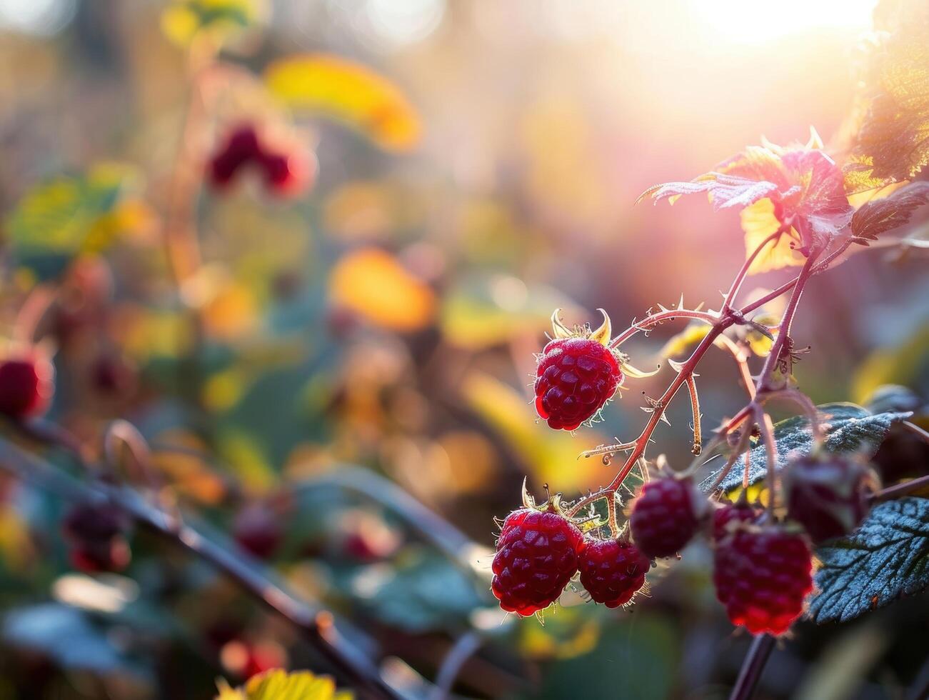 Vibrant wild raspberries in a garden photo