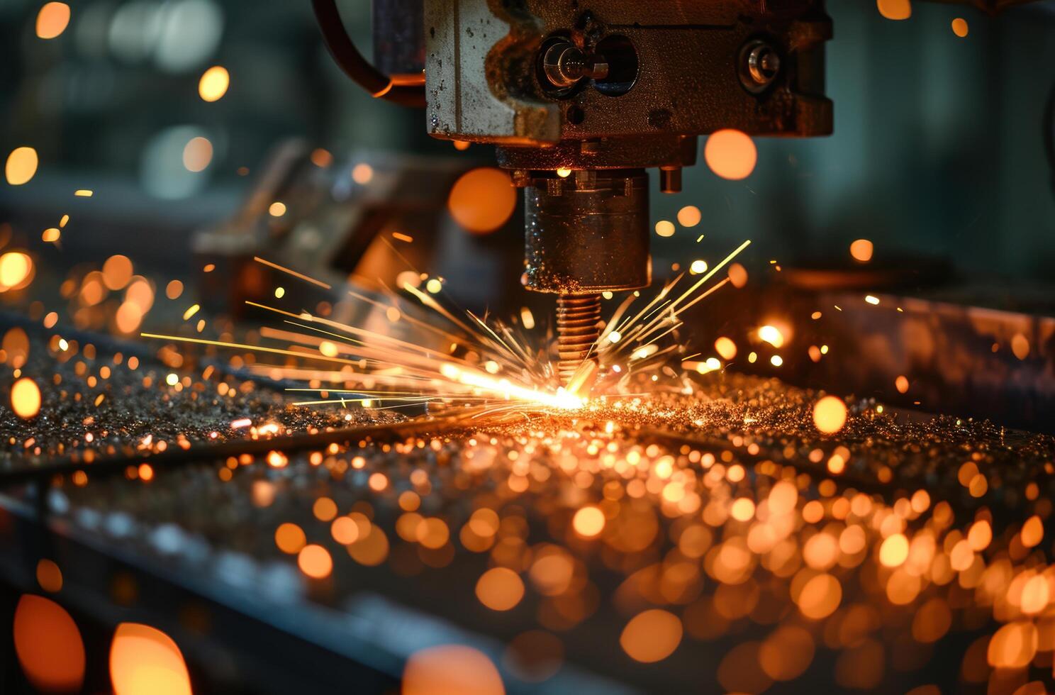 Sparks fly from industrial metal cutting machine photo