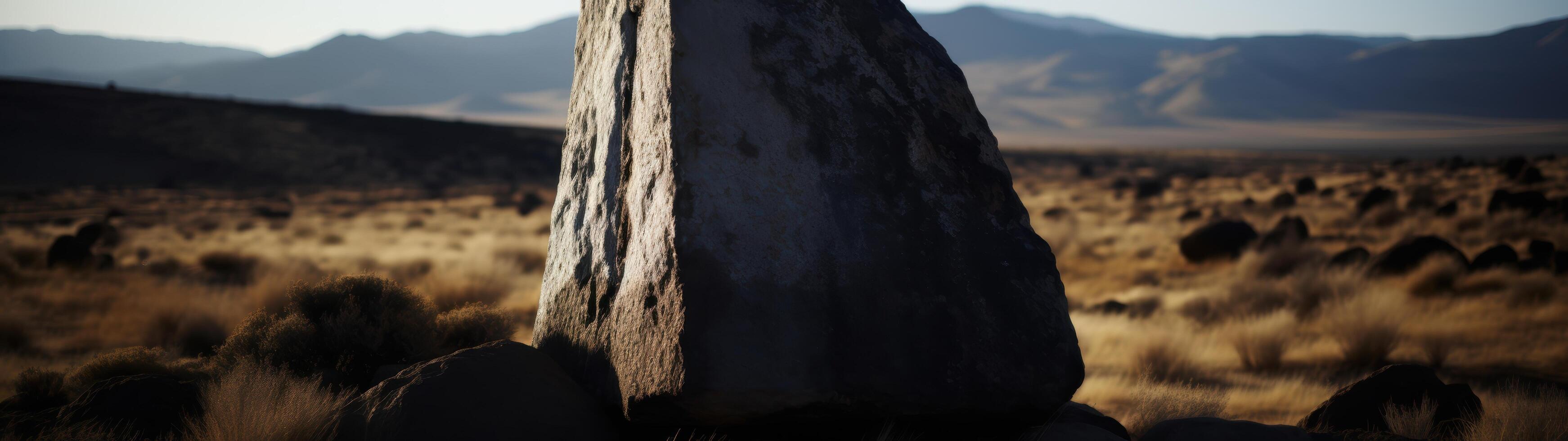 Dramatic desert landscape with large rock formation photo