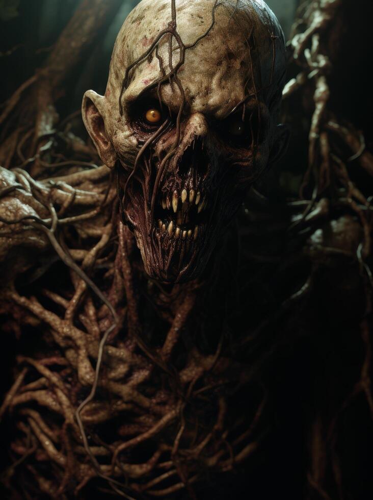 Terrifying zombie creature in the dark forest photo
