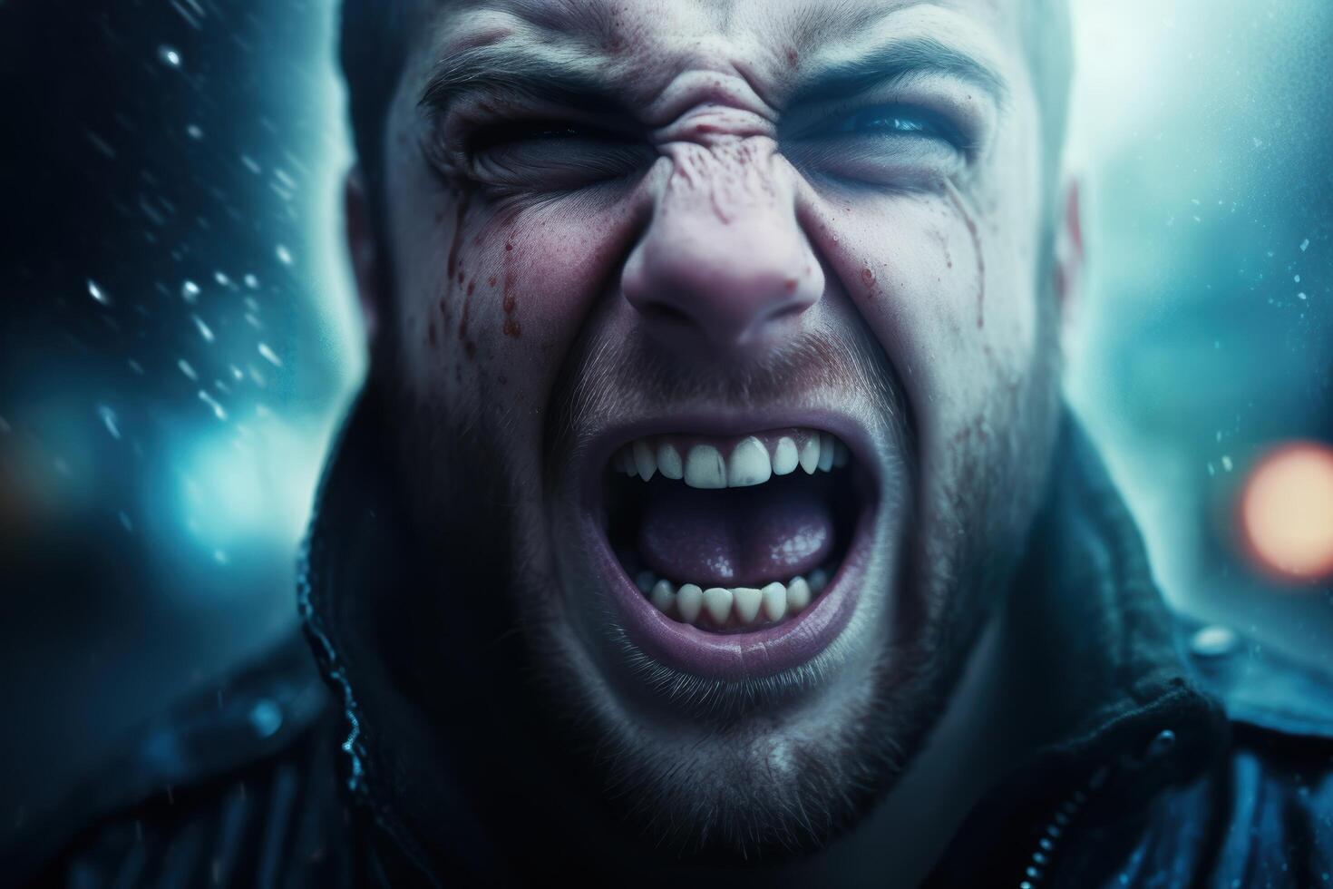 Intense screaming face with dramatic lighting photo