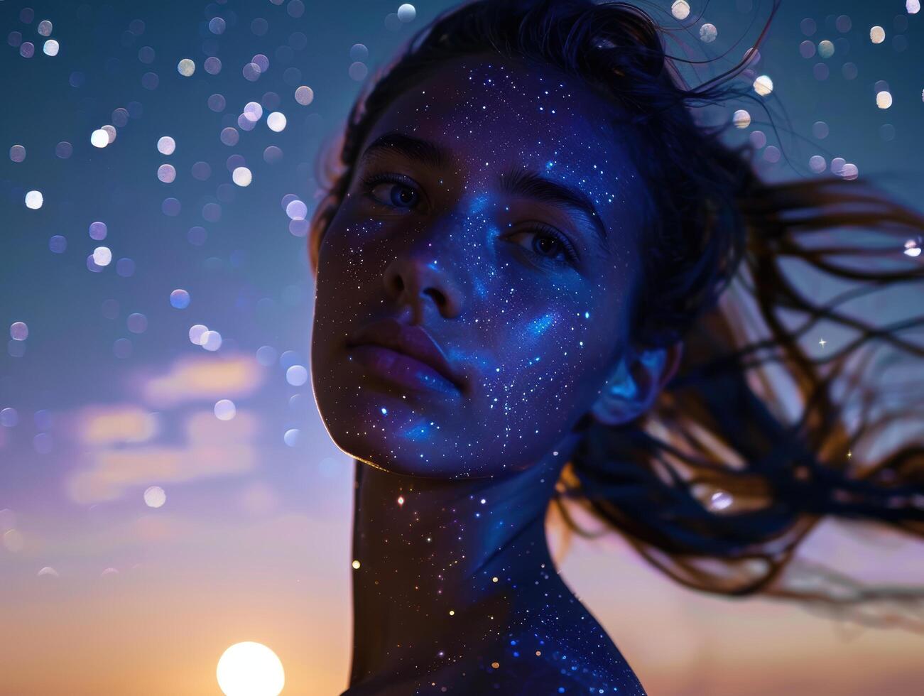 Mystical night sky with glowing face photo