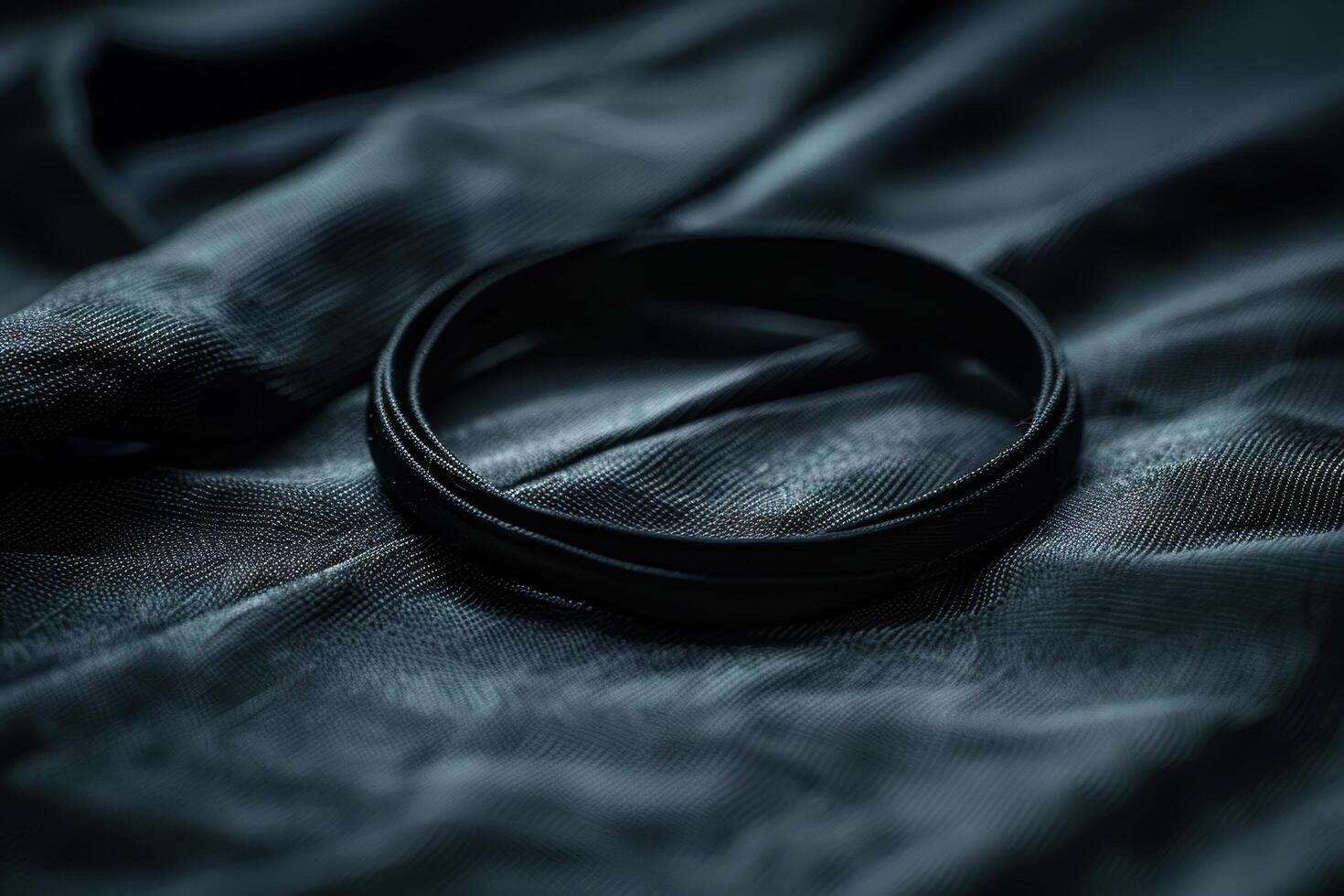 Closeup of a black camera lens filter on dark fabric photo