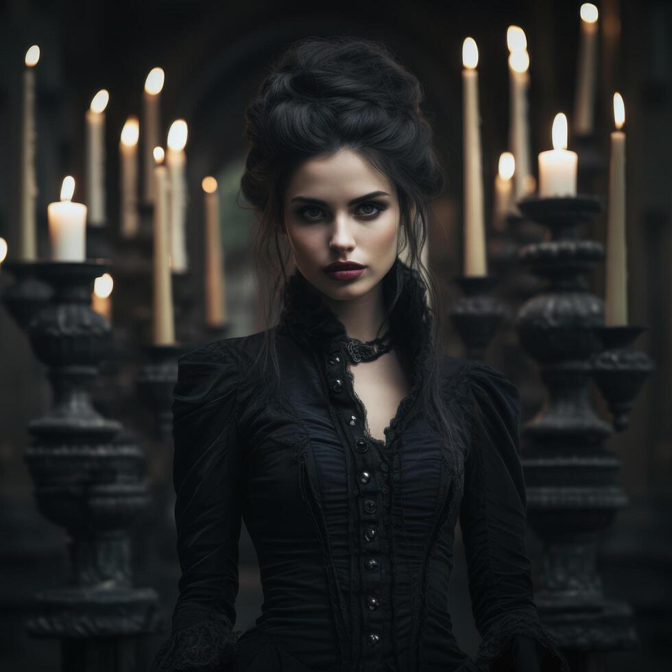 gothic woman in dark fashion posing in candlelit room photo