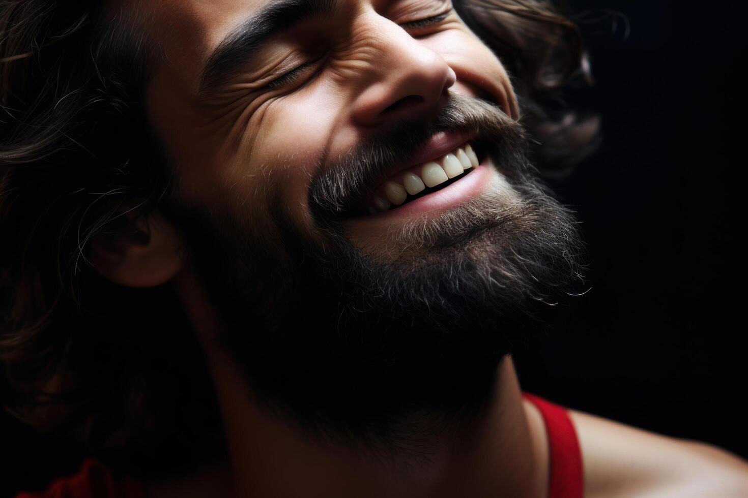 Smiling man with beard and long hair photo