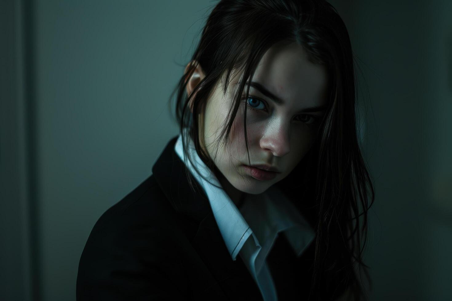 Mysterious woman with dark hair and intense gaze photo