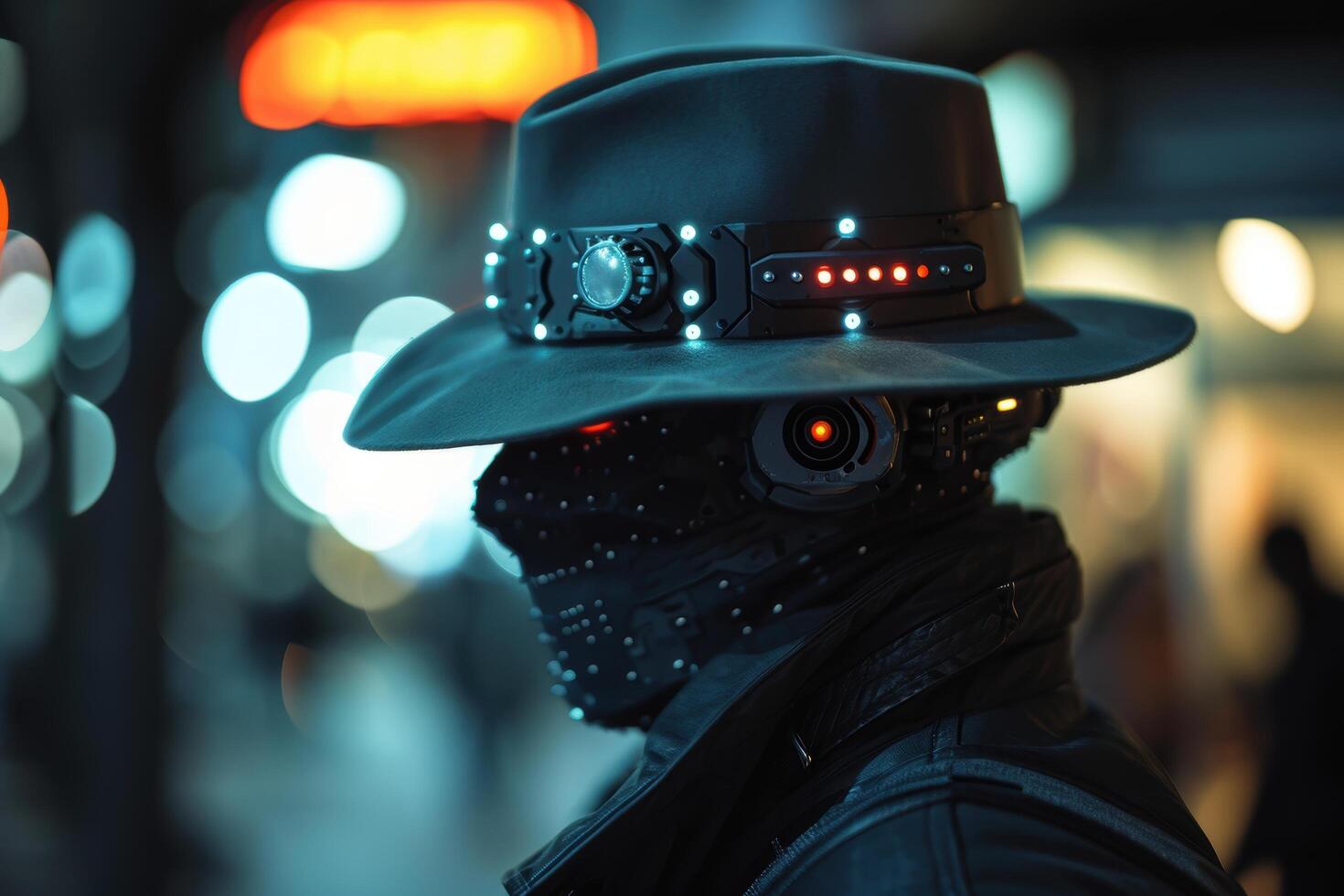 Futuristic cyborg wearing a high tech hat with lights photo