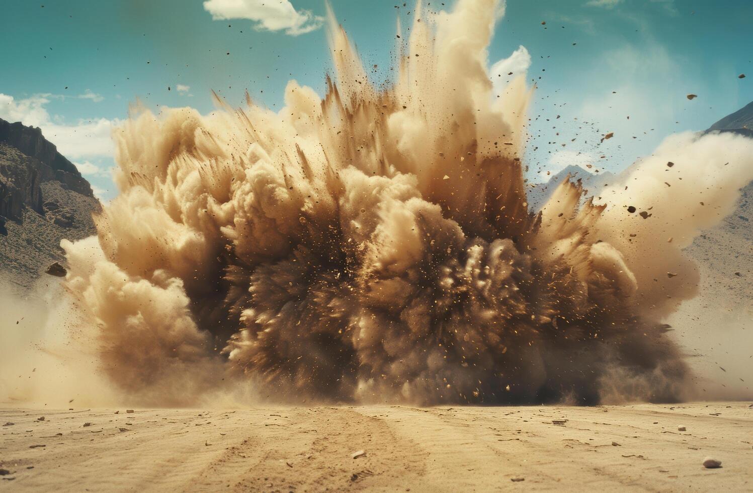 massive explosion in desert landscape photo