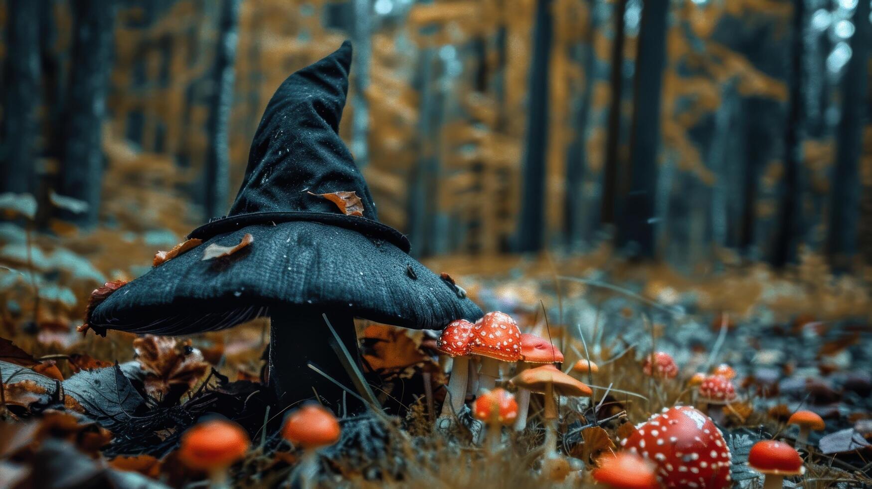 Enchanted forest with magical mushrooms photo