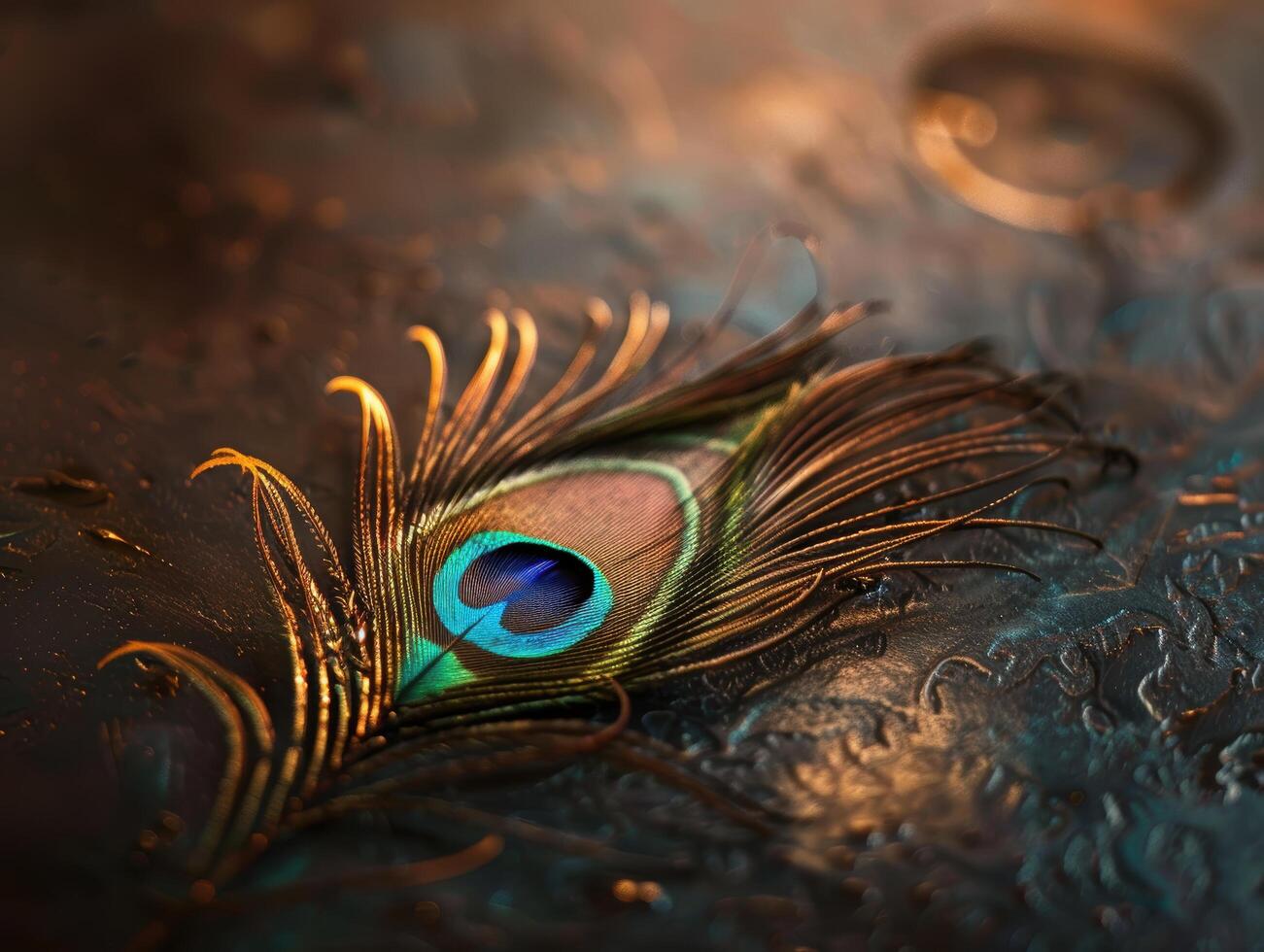 Vibrant peacock feather close up photo