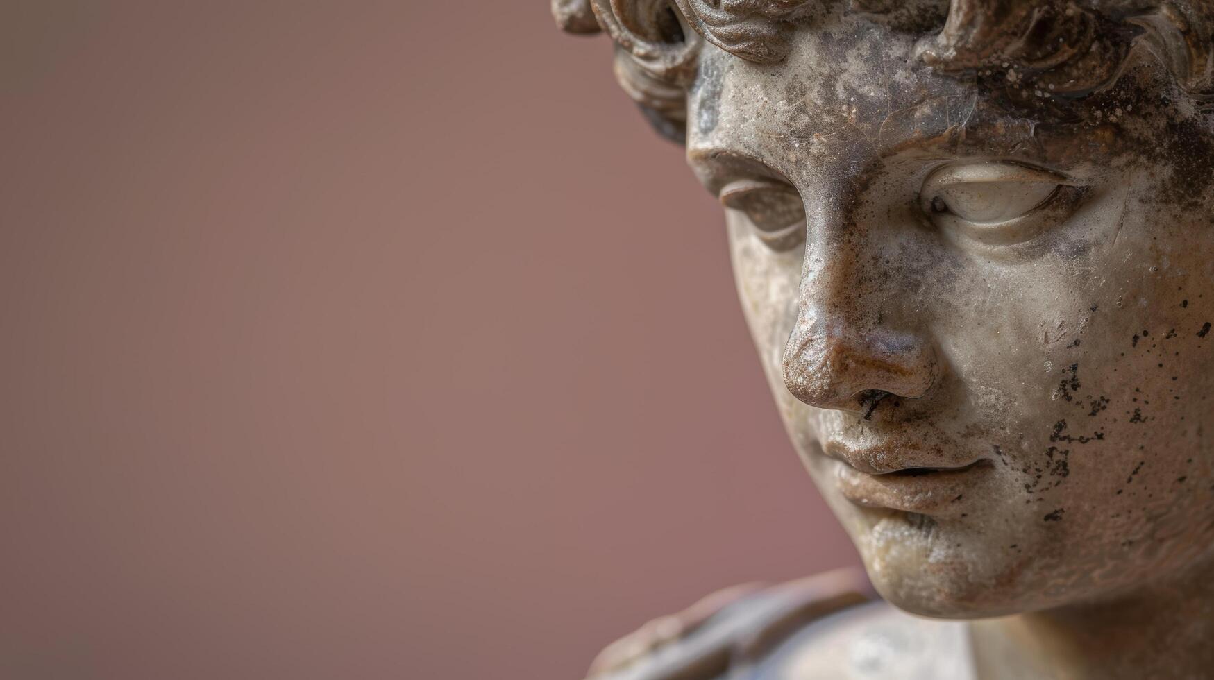 Weathered stone statue face with pensive expression photo