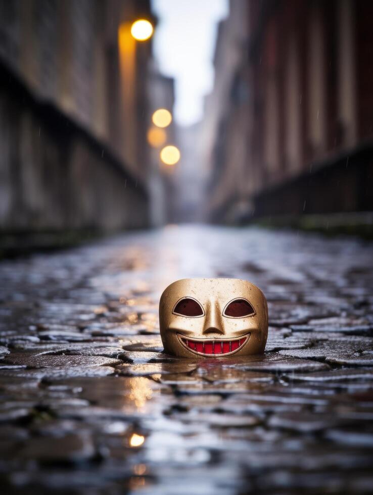 Mysterious golden mask in abandoned alley photo