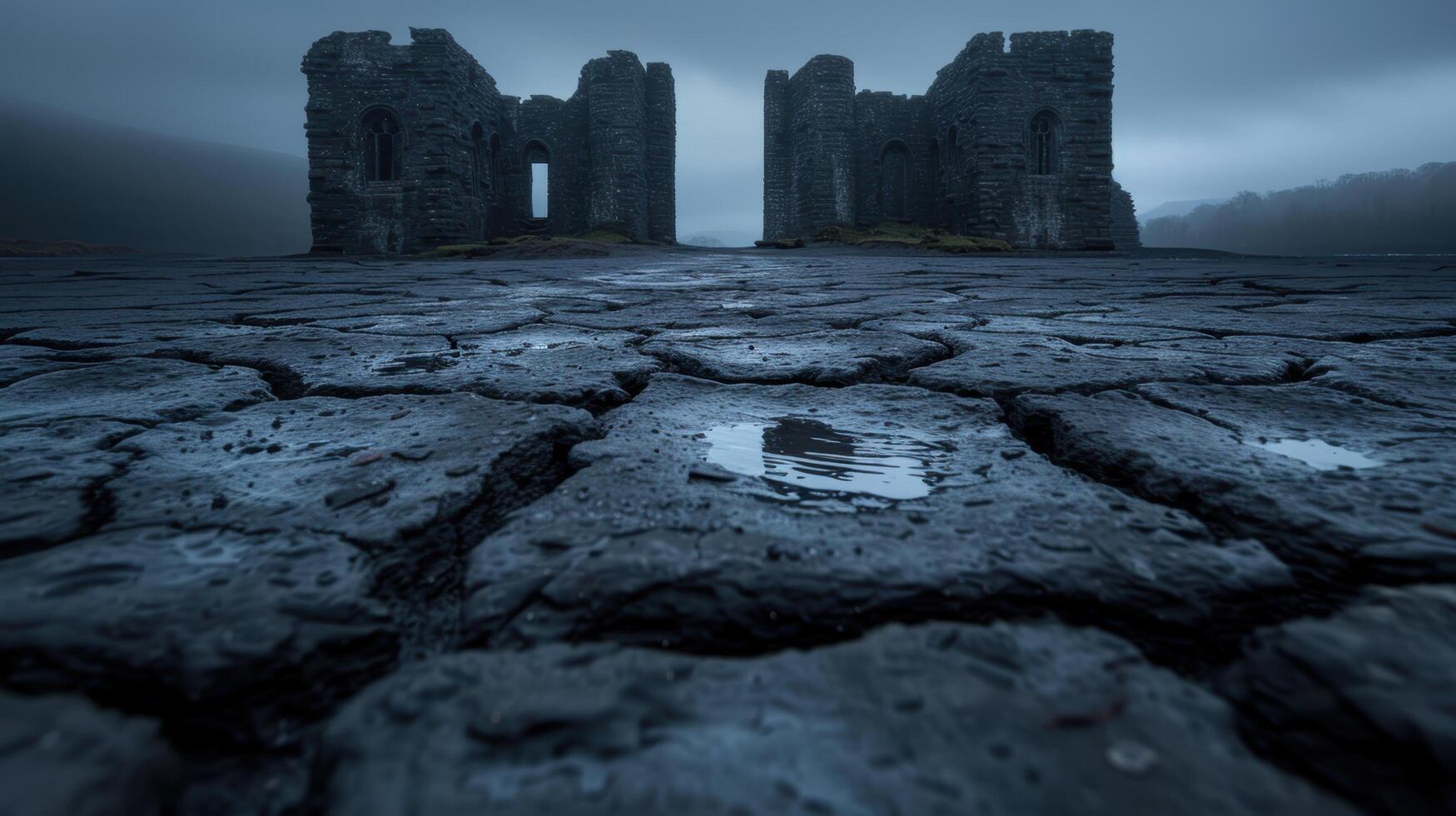 Haunting medieval castle ruins on a moody, misty coastline photo