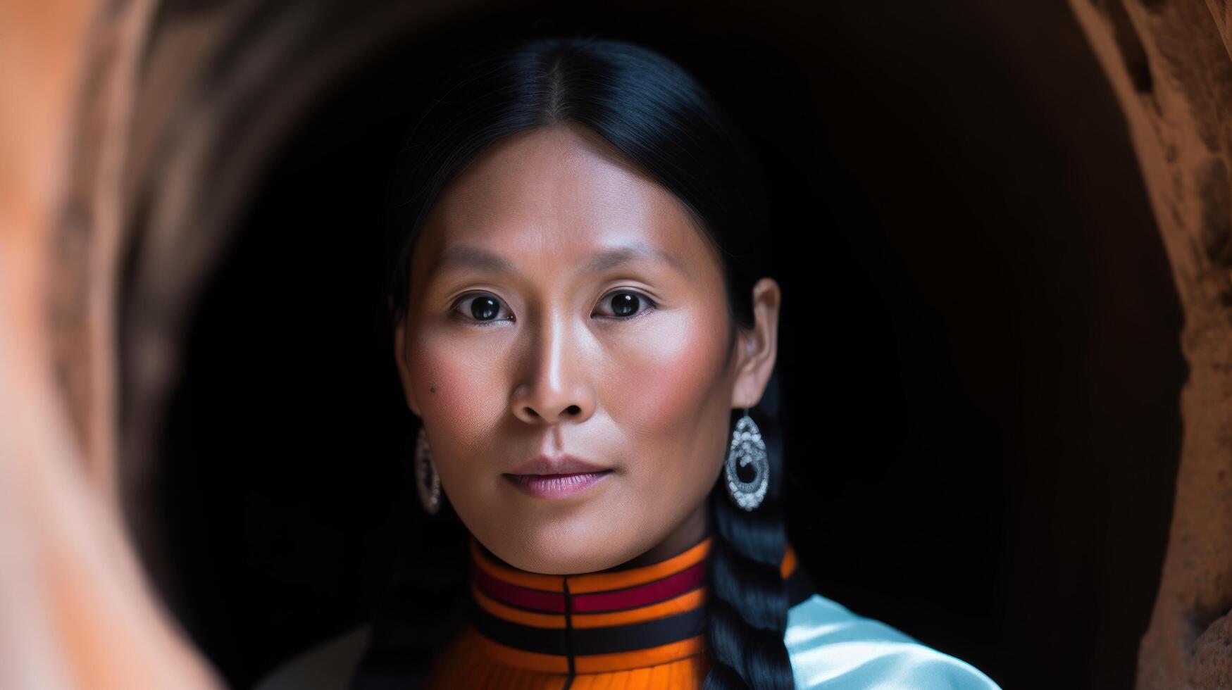 Thoughtful indigenous woman with traditional jewelry photo