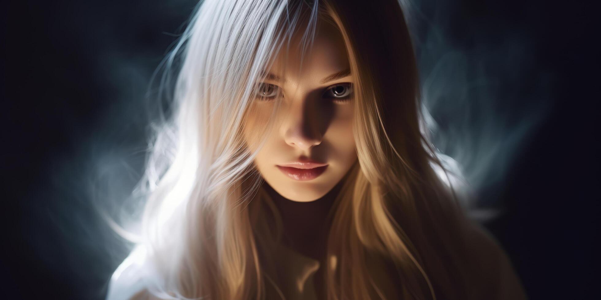Mysterious blonde woman with intense gaze photo